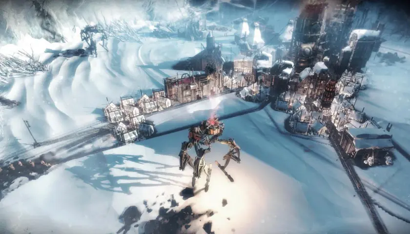 Mechaniczna maszyna przemierza mroźne pustkowie, zbliżając się do osady. Frostpunk - poradnik.