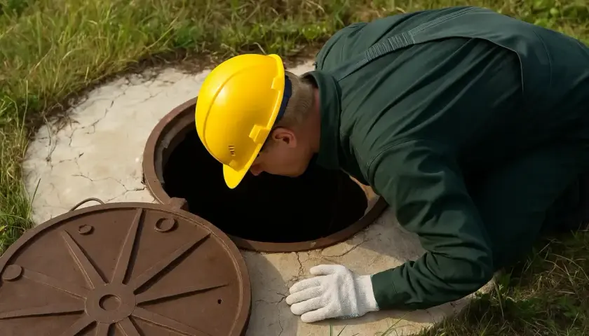 Pracownik w żółtym kasku pochyla się nad otwartym włazem szamba.
