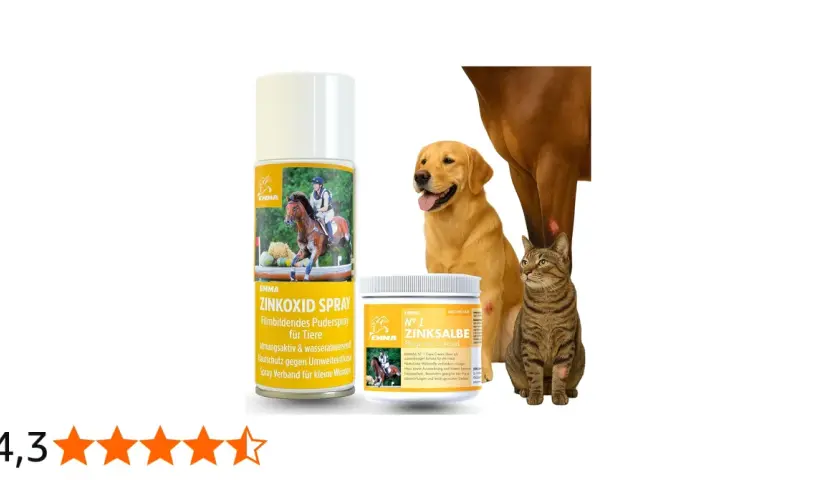 Zinkoxid spray och salva för djur. En hund, en katt och en häst syns bredvid produkterna. Zinkoxid är inte farligt för djur.