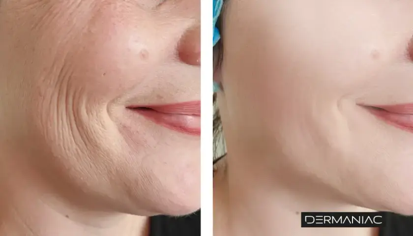 Antes y después de un tratamiento para suavizar las líneas de marioneta y rejuvenecer la piel.