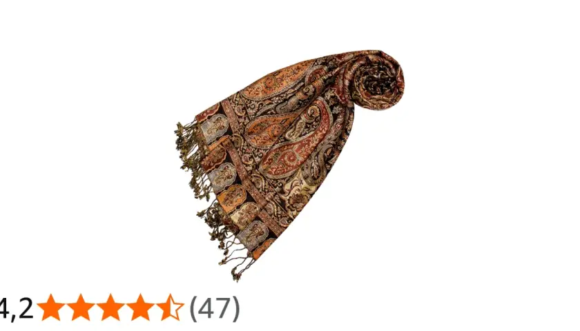 Elegancka pashmina z wzorem paisley w odcieniach brązu i pomarańczy, z frędzlami. Idealna na chłodniejsze dni.