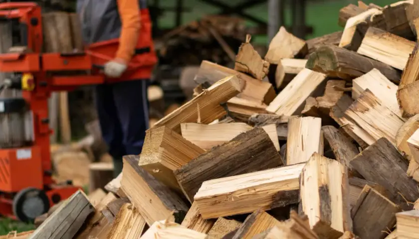 Ein Mann bedient einen roten Holtzspalter, während ein großer Haufen gespaltenes Holz daneben liegt.
