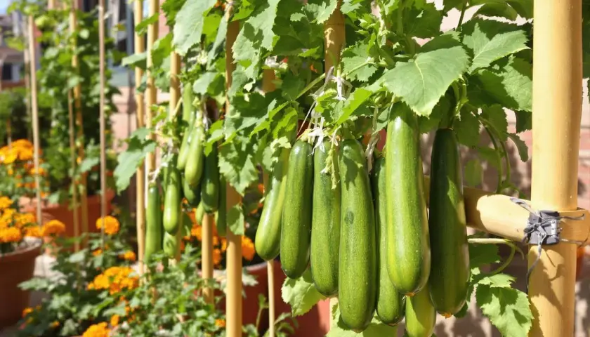 Courgettes vertes pendant sur des tiges, un vrai fruit ou légume, avec des fleurs orangées en arrière-plan.