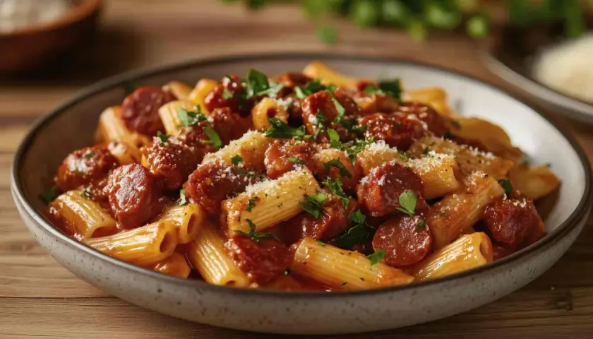 Un plato humeante de macarrones con chorizo, cubierto con perejil fresco y queso rallado, listo para ser disfrutado.