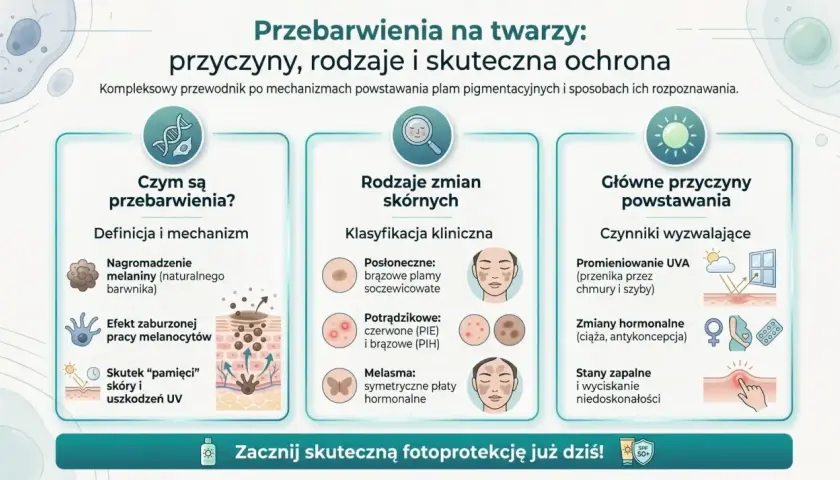 Przewodnik po przebarwieniach na twarzy: przyczyny, rodzaje zmian skórnych (posłoneczne, potrądzikowe, melasma) i skuteczne metody ochrony.
