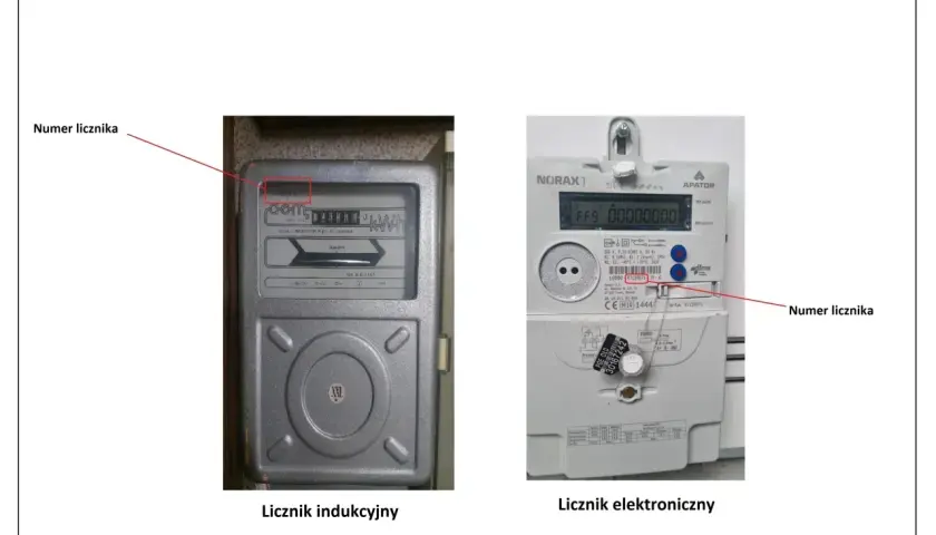 Dwa liczniki prądu: indukcyjny i elektroniczny. Na obu widoczny jest numer licznika, który jest kluczowy do odczytu.