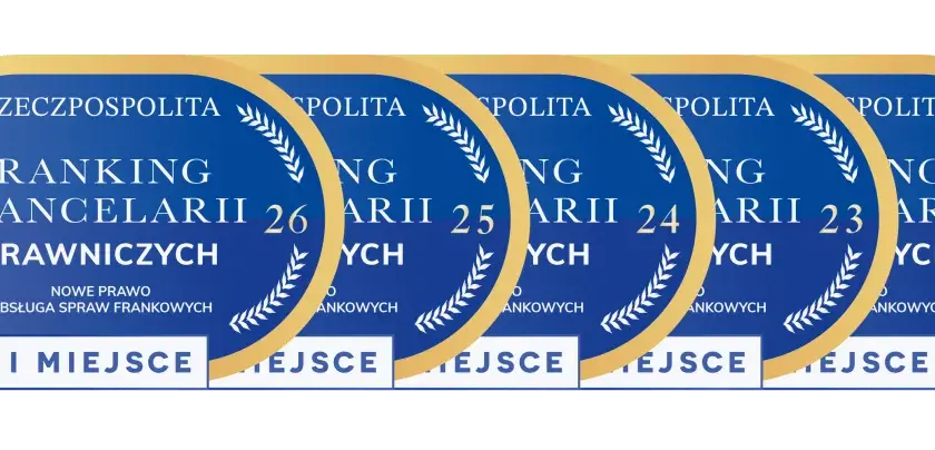 Grafika przedstawia pięć owalnych plakietek z napisem "Ranking Kancelarii Prawniczych" i numerami od 20 do 26.