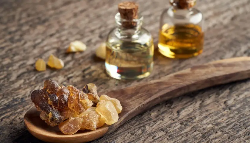 Resina di Boswellia Serrata su cucchiaio di legno, accanto a boccette di olio essenziale. Un integratore naturale.