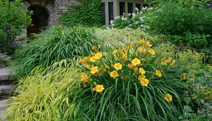 Eine üppige gartengestaltung mit taglilien, umrahmt von verschiedenen Gräsern und einem steinernen Torbogen.