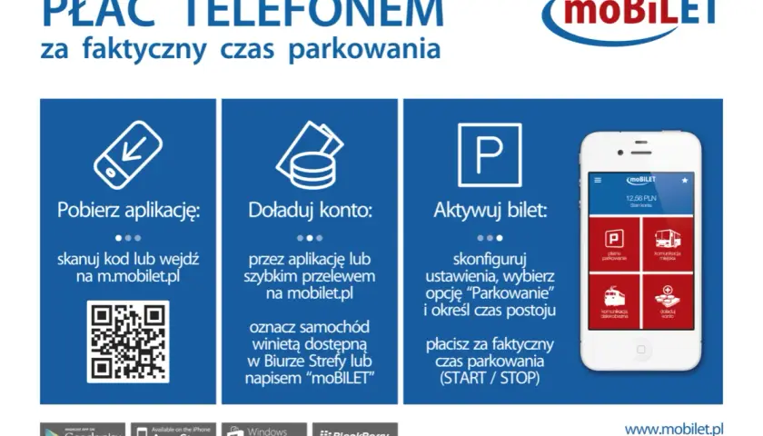 Najlepsza aplikacja do parkowania moBILET: pobierz, doładuj konto i aktywuj bilet. Płać za faktyczny czas postoju.
