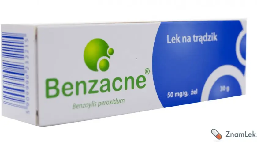 Opakowanie leku Benzacne, który jest zamiennikiem na trądzik. Żel 50 mg/g, 30 g.