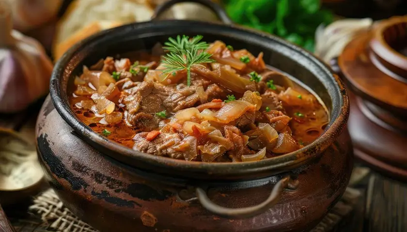 Gulasz wołowy w glinianym garnku, pachnący przyprawami i cebulą, to kwintesencja kuchni staropolskiej.