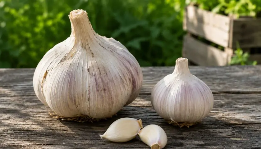 Dwa dorodne główki czosnku słoniowego i kilka ząbków leżą na drewnianym stole. W tle zielone liście i drewniana skrzynka, sugerujące udaną czosnek słoniowy uprawę.