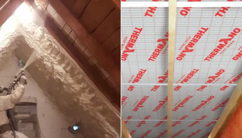 Aplikacja pianki do ocieplenia poddasza. Po prawej stronie widać gotową izolację z materiału THERMANO.