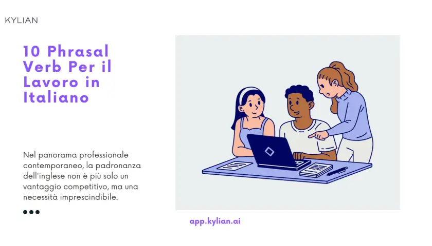 Imparare verbi e preposizioni in inglese per il lavoro. Tre persone collaborano al computer, una indica lo schermo.