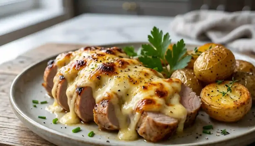 Délicieux filet mignon savoyard gratiné, servi avec des pommes de terre rôties et garni de persil frais. Un plat réconfortant et savoureux.