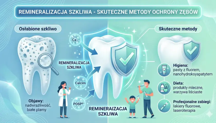 Ilustracja pokazuje proces remineralizacji szkliwa. Zdrowy ząb chroniony tarczą, obok ząb osłabiony z widocznymi ubytkami.