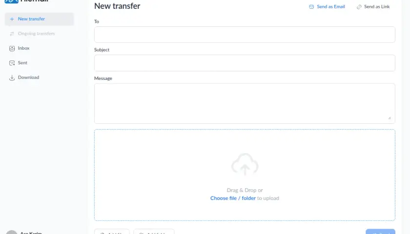 Interfaz de Filemail para enviar archivos grandes. Permite adjuntar videos pesados arrastrando y soltando o seleccionando desde el explorador.