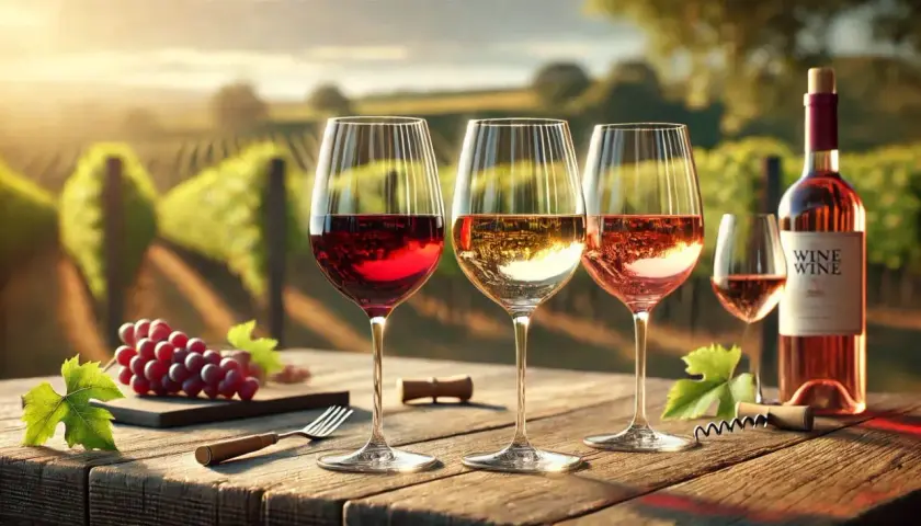 Drei Gläser mit Rot-, Weiß- und Roséwein stehen auf einem Holztisch vor einem Weinberg. Welche weinsorten gibt es? Eine Flasche Wein und Trauben vervollständigen die Szene.