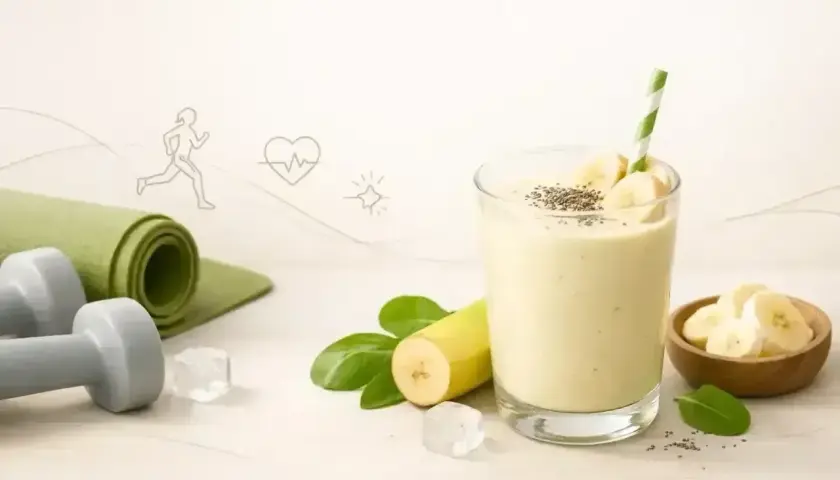 Zdrowy koktajl bananowy po treningu. Obok leżą hantle i mata.