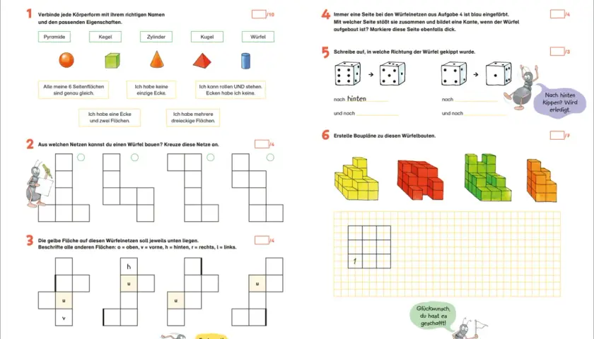 Mathematik-Übungsblatt für die 3. Klasse mit geometrischen Formen, Würfelnetzen und Bauplänen.