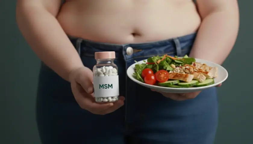 Person hält Flasche mit MSM-Kapseln und Teller mit Hähnchensalat. Mögliche Unterstützung bei Arthrose.