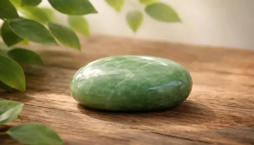 Ein glatter, grüner Jade-Stein liegt auf Holz. Seine Bedeutung liegt in Harmonie und Heilung.