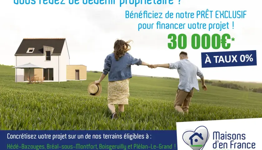 Un couple se promène dans un champ verdoyant vers une maison moderne. Ils rêvent de devenir propriétaires grâce à un prêt familial exclusif de 30 000€ à taux 0%.