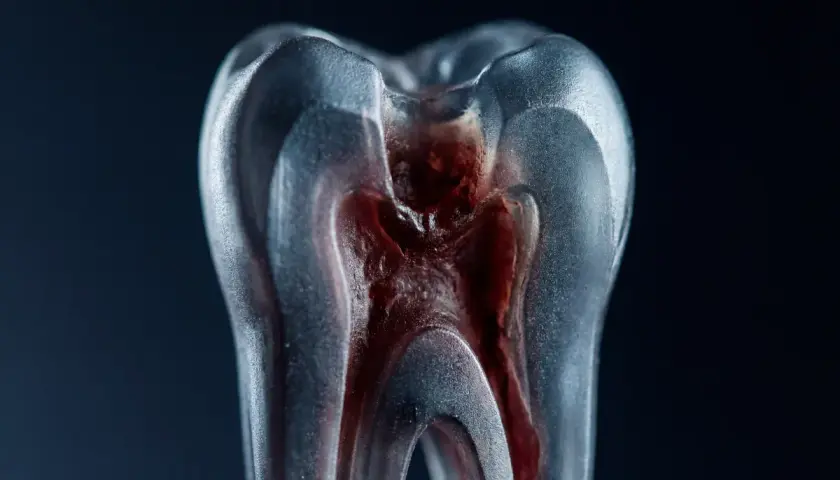 Modello di dente con polpa infiammata, che illustra i sintomi di un ascesso dentale.