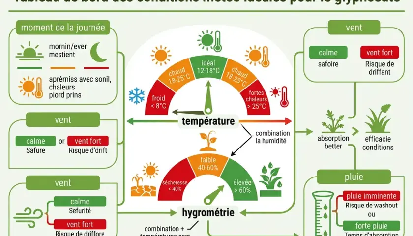 Tableau météo pour savoir quand mettre du désherbant glyphosate : idéalement par temps calme, chaud mais pas trop, et sec. Éviter le vent fort et la pluie.