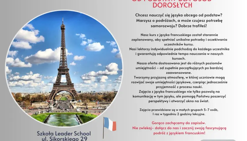 Wieża Eiffla i hasło "Nauka języka francuskiego od podstaw dla osób dorosłych". Lipiec po francusku to "juillet".