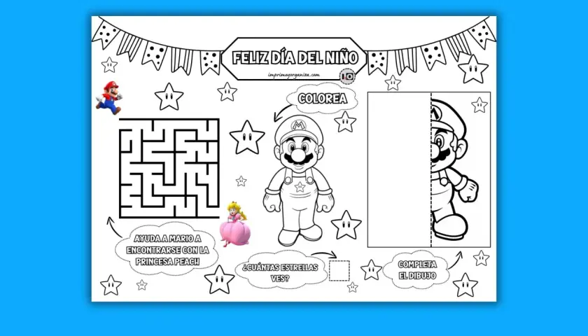 Imprimibles pasatiempos infantiles: laberinto para ayudar a Mario, colorear y completar dibujo. ¡Diversión asegurada!