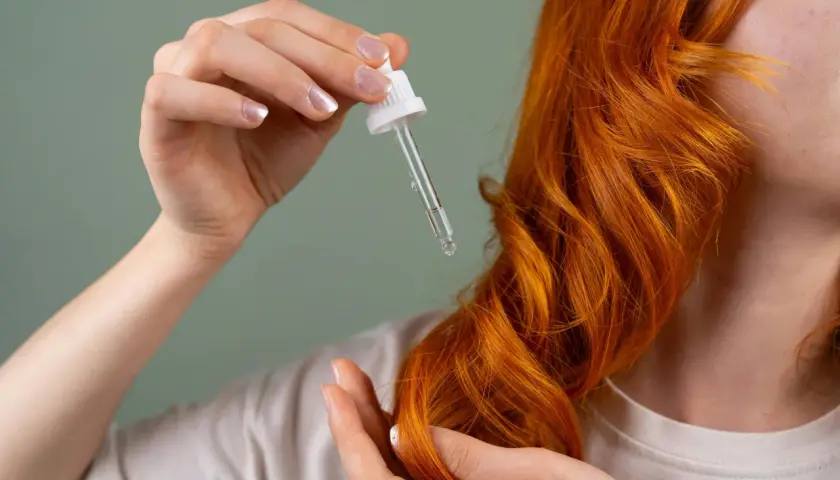 Mano aplica aceite pelo con gotero a su cabello pelirrojo.