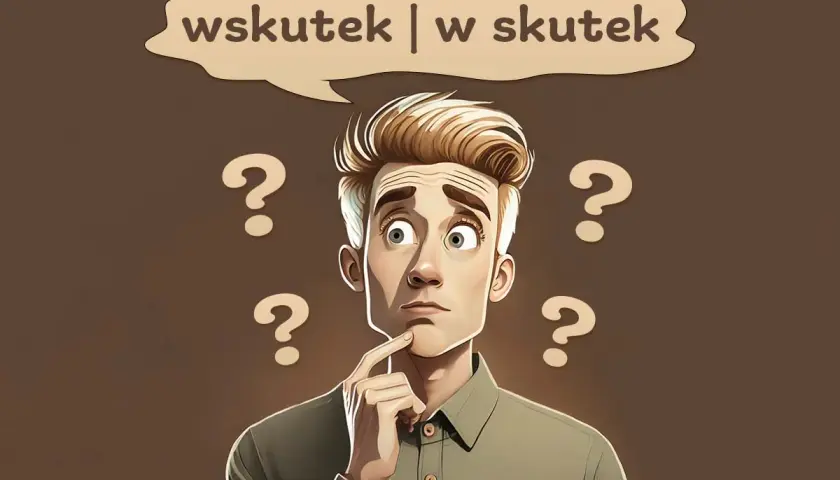 Zamyślony mężczyzna otoczony znakami zapytania, zastanawia się, czy napisać "wskutek", czy "w skutek".
