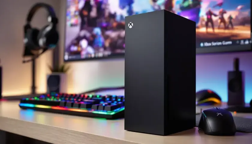 Xbox Series X mit bunter Tastatur und Maus, bereit für Gaming.