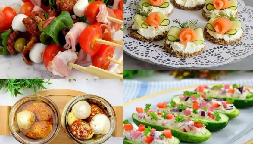 Kolorowe przystawki na imprezę domową: szaszłyki caprese, kanapeczki z łososiem, marynowane serki i łódeczki z ogórka.