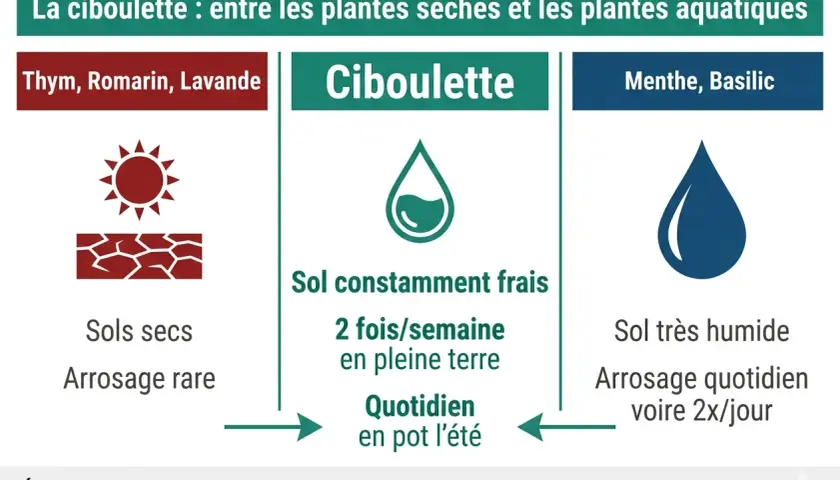Conseils d'arrosage pour la ciboulette : sol frais, 2x/semaine en terre, quotidien en pot l'été. Éviter les chocs sec-humide.