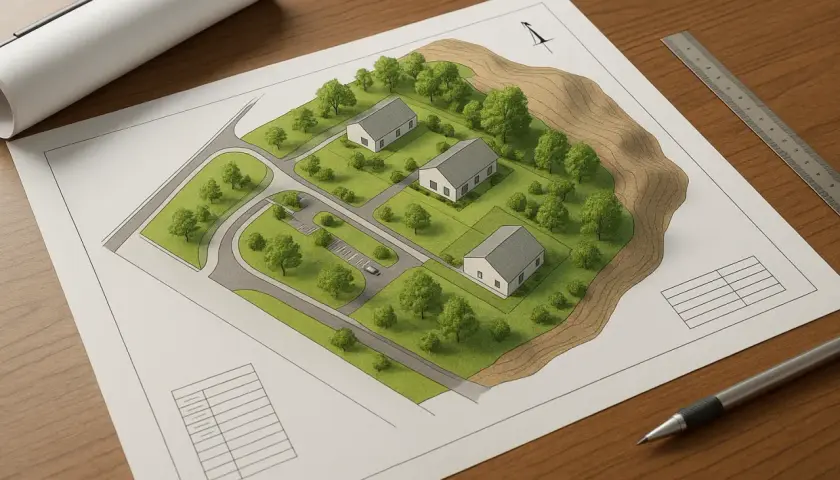 Projekt osiedla z trzema domami. Planowanie, ile kosztuje budowa bloku, wymaga analizy takich projektów.