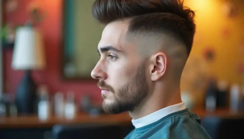 Un hombre joven con un moderno diseño pelo hombre, con un degradado y tupé.