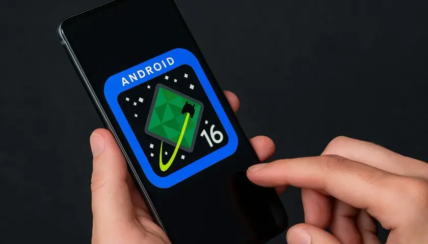 Na ekranie smartfona widnieje logo Android 16, sugerujące jaki jest najnowszy android.