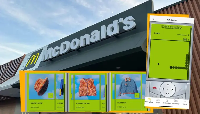 McDonald's z ofertą ubrań w stylu Y2K. Na ekranie telefonu gra "Pełzacz", a obok wirtualne przedmioty: kapelusz, long, kamizelka i kurtka.