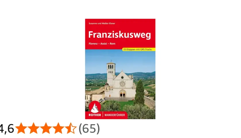 Eine Wanderkarte für den Franziskusweg von Florenz nach Rom. Die Basilika von Assisi ist im Vordergrund zu sehen.