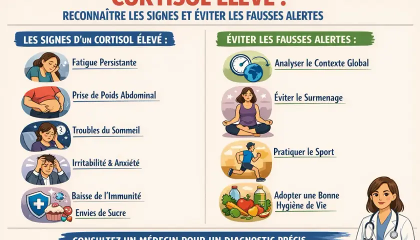 Signes d'un cortisol élevé : fatigue persistante, prise de poids, troubles du sommeil, irritabilité, baisse immunité, envies de sucre. Éviter le surmenage, pratiquer le sport.