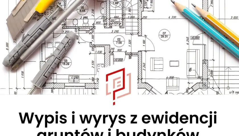 Jak wygląda wypis z rejestru gruntów: rysunek techniczny z narzędziami budowlanymi i ołówkami.