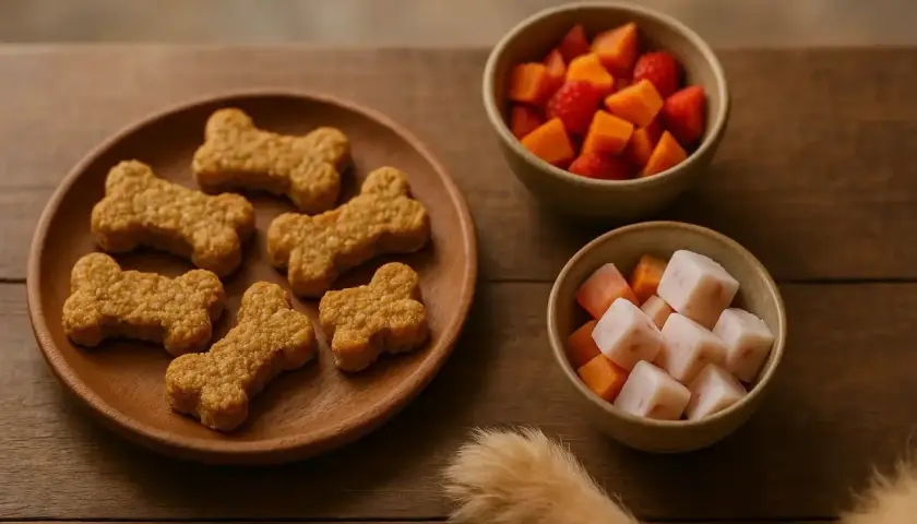 Galletas con forma de hueso y cuencos con trozos de fruta, perfectos como chuches para cachorros de 2 meses.