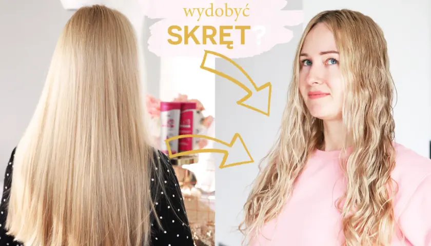 Blond włosy przed i po użyciu aktywatora skrętu. Z prostych włosów na loki.