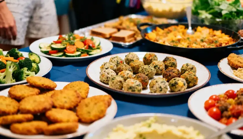 Buffet varié pour une kermesse : boulettes végétales, nuggets, salades, pâtes. Une belle idée repas kermesse école pour régaler petits et grands !