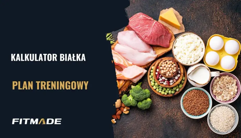 Kalkulator białka i plan treningowy. Różnorodne źródła białka: mięso, ryby, jajka, nabiał, rośliny strączkowe, płatki owsiane, ryż, kasza.