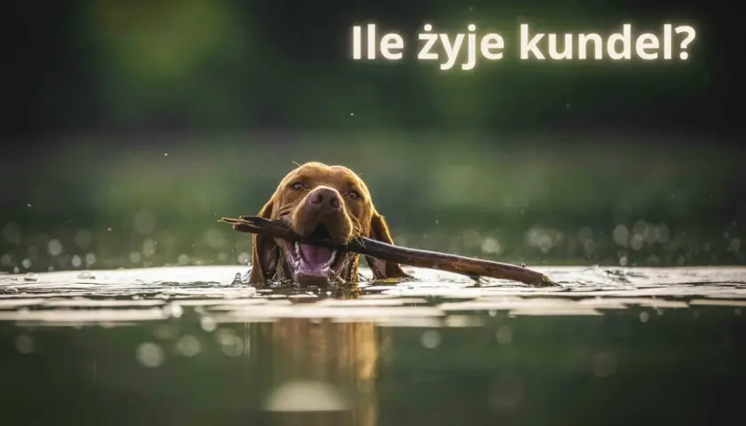 Szczęśliwy pies z patykiem w pysku pływa w jeziorze. Warto wiedzieć, jak długo żyją psy kundelki, by cieszyć się nimi jak najdłużej.