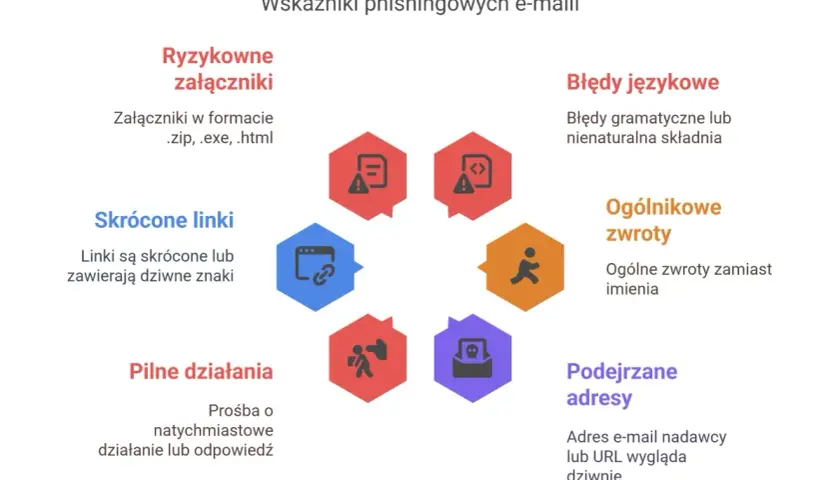 Grafika pokazuje wskaźniki phishingu, by chronić przed oszustami, np. z Velo Bank. Uważaj na podejrzane linki, załączniki i błędy.